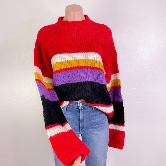 NWT Sanctuary x REVOVLE Party Stripe Sweater Wool Alpaca Soft Red Yellow Purple - Picture 1 of 16